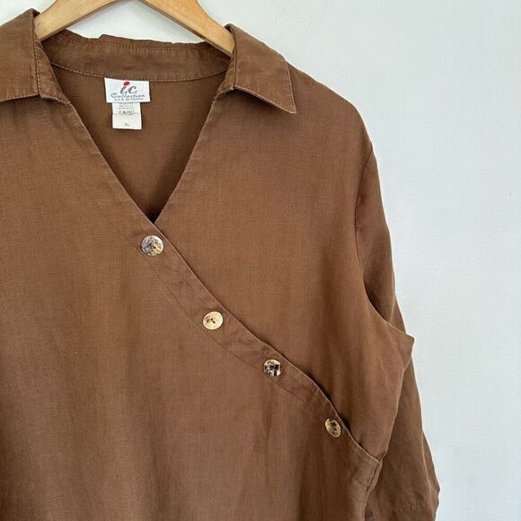 IC Collection Women’s Linen Brown Asymmetrical Mother of Pearl Button Collared B - Picture 5 of 7